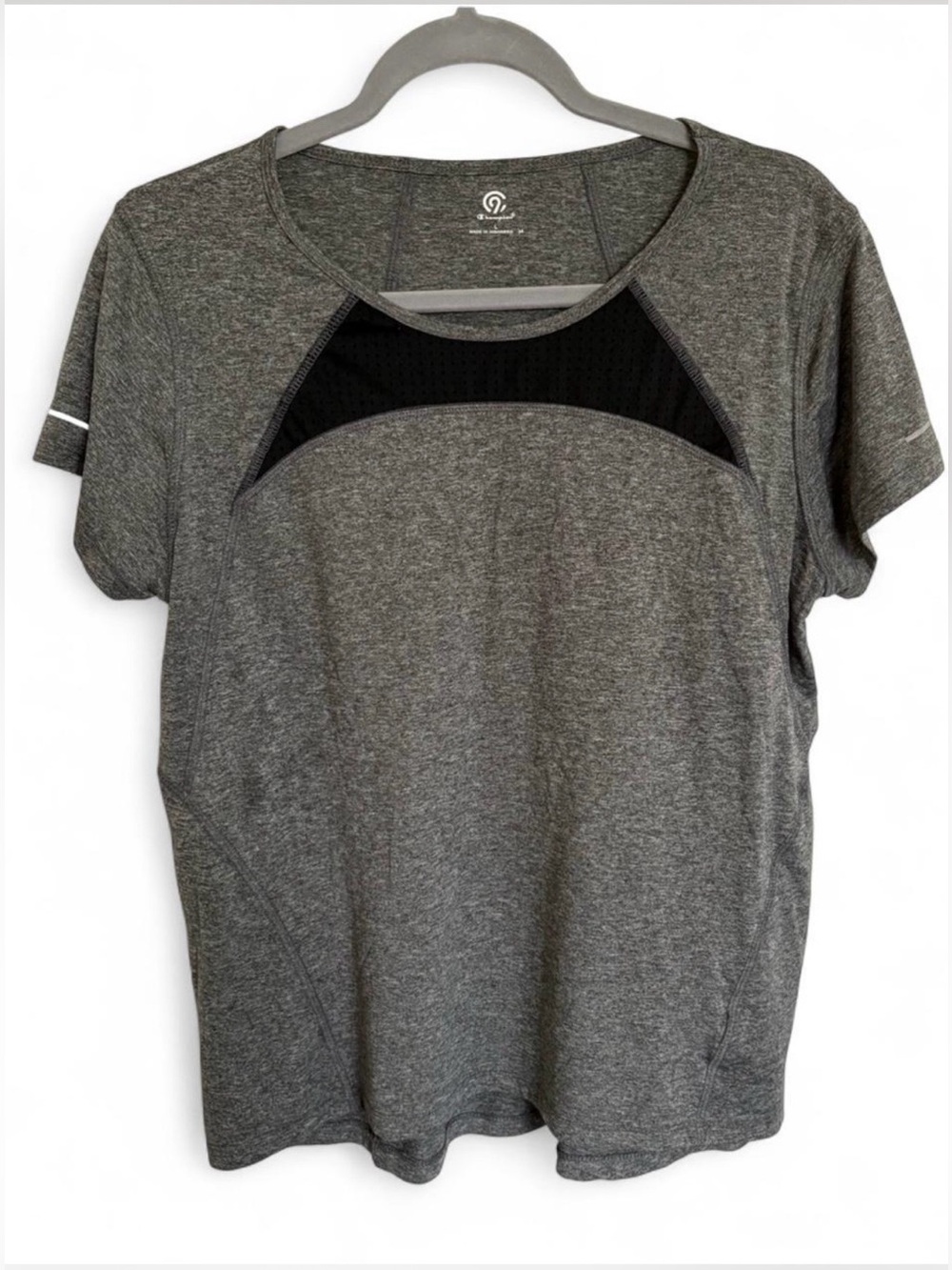 Gray Short-Sleeve Performance Top with Black Mesh Panel. Women size L